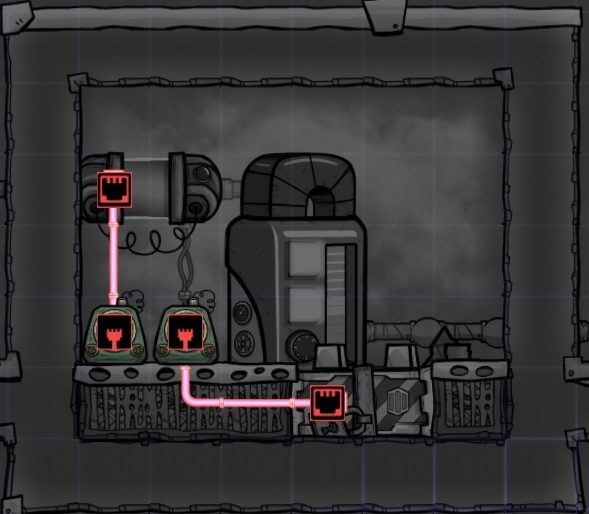 Automation Overlay of the same batched chlorine room. Note that liquid reservoirs have had automation ports added to them since this image was captured; if attempting to build this design, make sure not to run its automation wires through the reservior's automation port (which would be on its lower left tile).