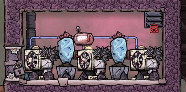 An example cooling setup using Thermo Regulators, Wheezeworts and Hydrogen. Wheezeworts now require fertilization to grow, so they cannot be planted inside a flower plot.