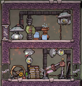 An example oxygen production system using a Hydrogen Generator that runs off of the Hydrogen made in an Electrolyzer - in this setup the Duplicants will rarely have to run on the wheel to provide additional power