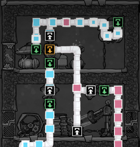 The pipe layout for the previous example - the gas filter is set to filter out Hydrogen and the top room's atmosphere is closed off from the rest of the base